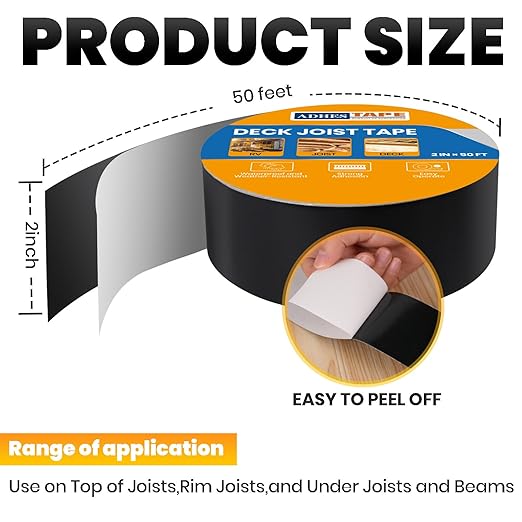ADHES Deck Joist Tape 2 inch, 2" x 50', 6 Rolls Weather Resistance & Waterproof Butyl Joist Tape for Decking, Deck Flashing Tape, Ideal for Wood Decks Beams Roof, Outdoor Construction Use