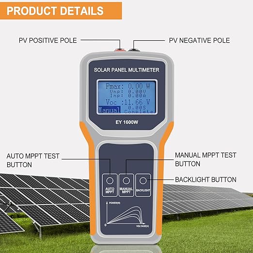 KAOLALI Solar Panel Tester Upgraded EY1600W Photovoltaic Multimeter with Ultra Clear LCD Display, Smart MPPT Tools for Testing Solar PV Module Data and Troubleshooting