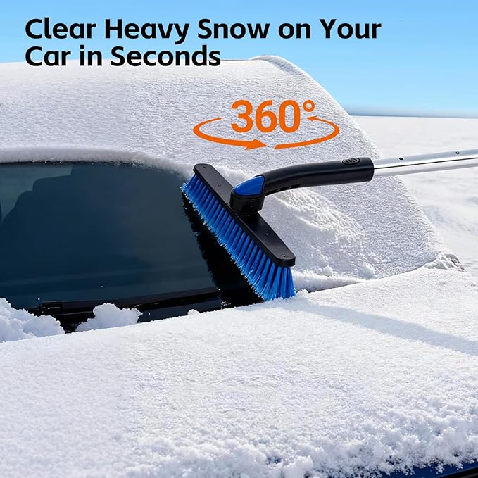 Car Snow Brush and Ice Scraper, Ice Scrapers for Car Windshield, Extendable Snow Brush for Car with Ergonomic Foam Grip and 360° Pivoting Brush Head for Car