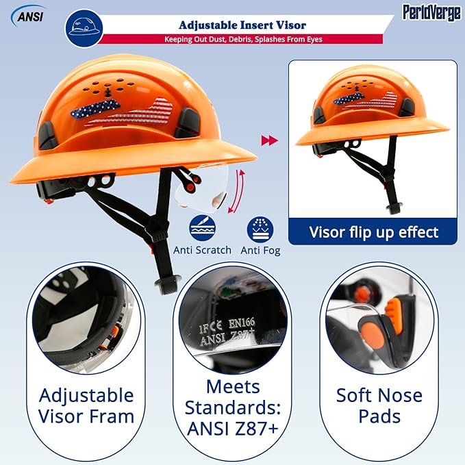 Full Brim Hard Hats Construction OSHA Approved with Visor-Vented Hard Hat with Neck Gaiter with Ear Loops,Safety Hard Hats for Men with Chin Strap ANSI Z89.1 Type 1 Class C,6-pt Suspension