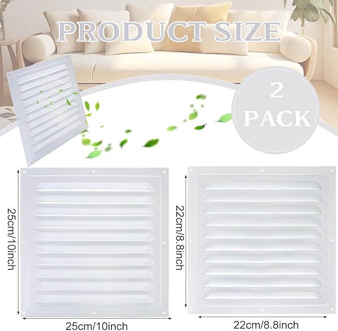 2 Pcs Attic Vent 10" X 10" Shed Vents Metal Gable Vents for Houses Wall Vent with Screen Vent Covers for Home Garage Attic Ceiling, Boost Ventilation and Guard Against Moisture (White)