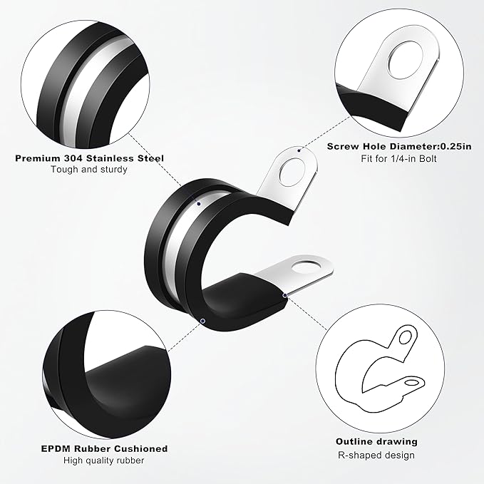 100PCS 1/4 Inch 304 Stainless Steel Rubber Coated Cable Clamps - Insulated Metal Pipe Clamp for Wire Cord Installation - Automotive and Marine Grade R-Clamps