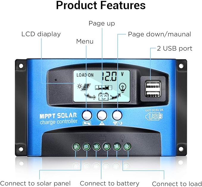 MPPT Solar Charge Controller 50A 12V/24V Auto Solar Panel Intelligent Regulator with Dual USB Port LCD Display for Lead Acid Batteries