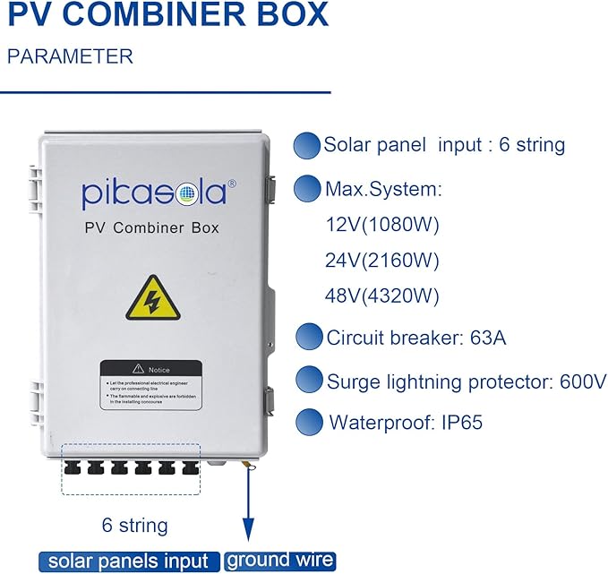 Pikasola PV Combiner Box, 6 String Solar Combiner Box with 15A LED Fuse, Lightning Arreste and 63A Air Circuit Breaker，Combiner Box for Solar Panel On/Off Grid System, IP65 Water Resistant
