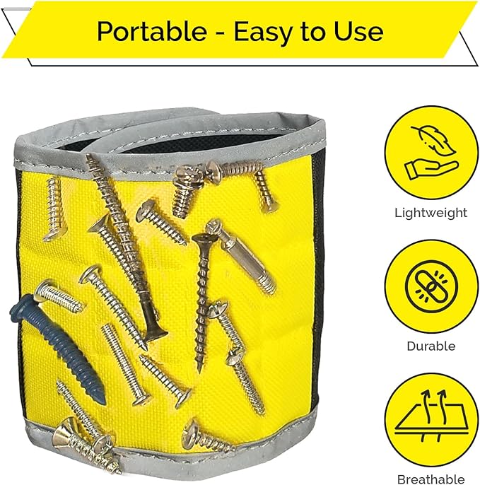 BYKES Magnetic Wristband for Holding Screws, Nails & Tools | Strong Magnetic Extra Large Tool | Portable DIY Magnetic Wristband | Wide Surface Magnet | Heavyduty Tool Gift for Handyman | Yellow/Gray