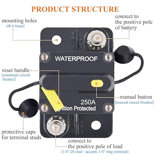 250 Amp Circuit Breaker with Manual Reset, DC 12V - 48V Circuit Protector for Marine Trolling Motor Car Amplifier RV Solar Truck ATV Inverter, Waterproof Surface-Mount Inline Fuse Holder