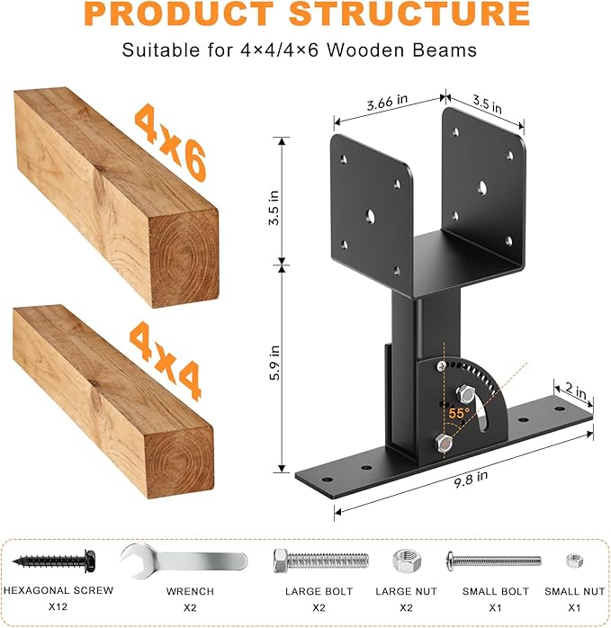 Pergola Roof Rise Bracket-Kit - Upgrade Adjustable Angle Mount Pergola Beam Brackets Support for 4x4/4x6 Lumber 1Pcs