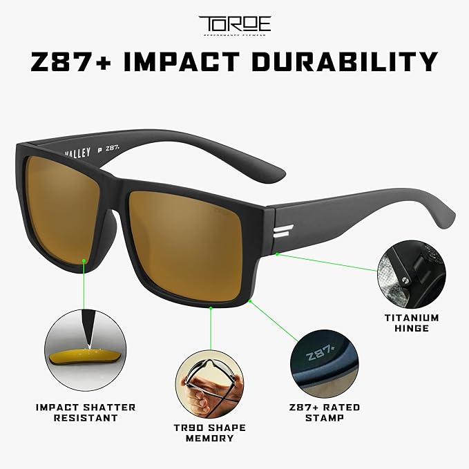 TOROE Z87+ Polarized Safety Sunglasses Matte Black TR90 Frame, ANSI Rated Lens