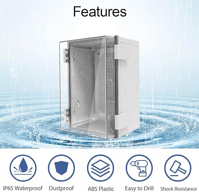 Junction Box, IP65 Waterproof Dustproof ABS Plastic Enclosure, Outdoor and Indoor Project Box Hinged Clear Cover with Mounting Plate Wall Brackets, Outer Dimension 11.8"x 7.9" x 7.1", Grey