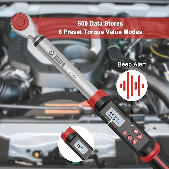 VANPO Digital Torque Wrench 1/2-Inch Drive 5-99.5 ft-lbs./6.8-135Nm, Electronic Torque Wrench with Preset Value, Buzzer and LED Notification, ±2% Accuracy for Moto, Car