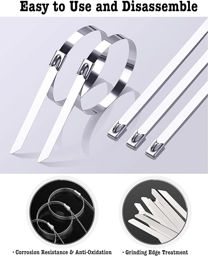 100Pcs Metal Zip Ties 11.8 inch 304 Stainless Steel Zip Ties, Heavy Duty Multi-Purpose Self-locking Metal Cable Ties for Machinery, Vehicles, Exhaust Wrap, Farms, Pipes, Roofs, Cables & Outdoor Fence