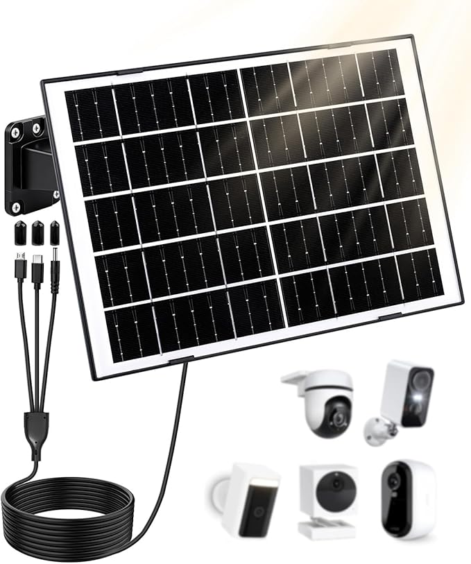 8W Solar Panel for Security Camera, Solar Panel Charger with 5V USB-C/Micro/DC 3.5mm Ports 9.8ft Cable & 360°Integrated Mount, IP65 Solar Panels for Ring/Reolink/Eufy Built-in Battery Camera
