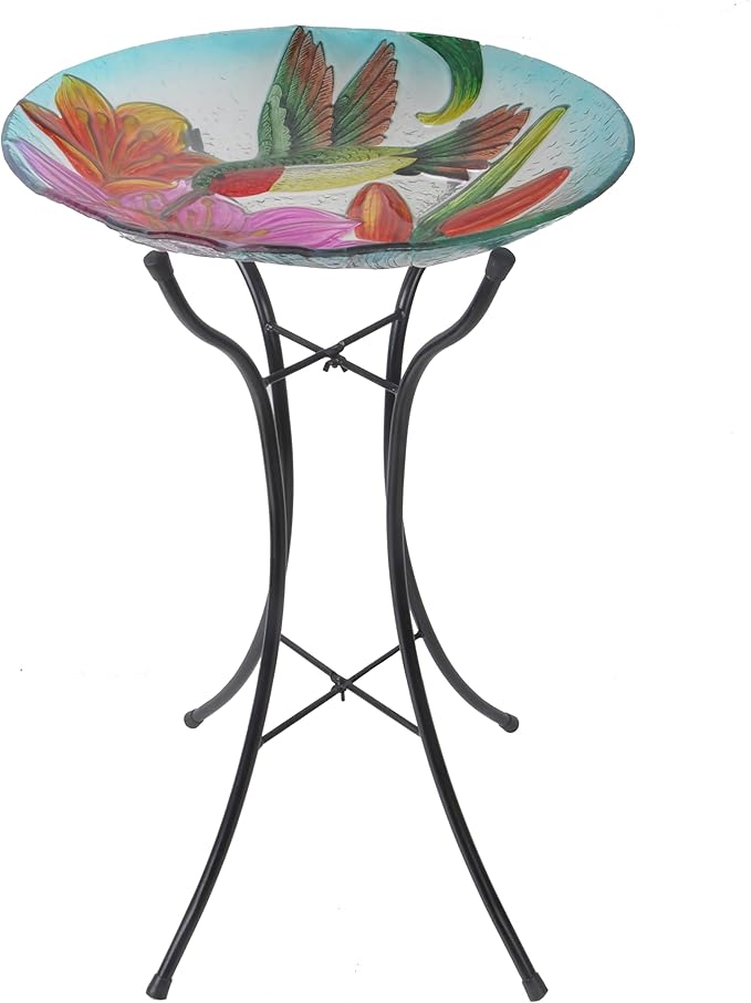 Teamson Home Handpainted Hummingbird Fusion Glass Birdbath Bowl Feeder with Metal Stand for Outdoor Patio Garden Backyard Decking, 21 Inch Height, Purple/Light Blue