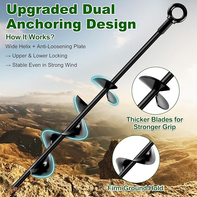 Ground Anchors Screw in Kit, 18 Inch Spiral Trampoline Anchors with Reinforced Blade, Ground Stakes High Wind Heavy Duty for Camping Tent Swing Set Carport Shed Mobile Home Dog Tie Out, 4 Pack