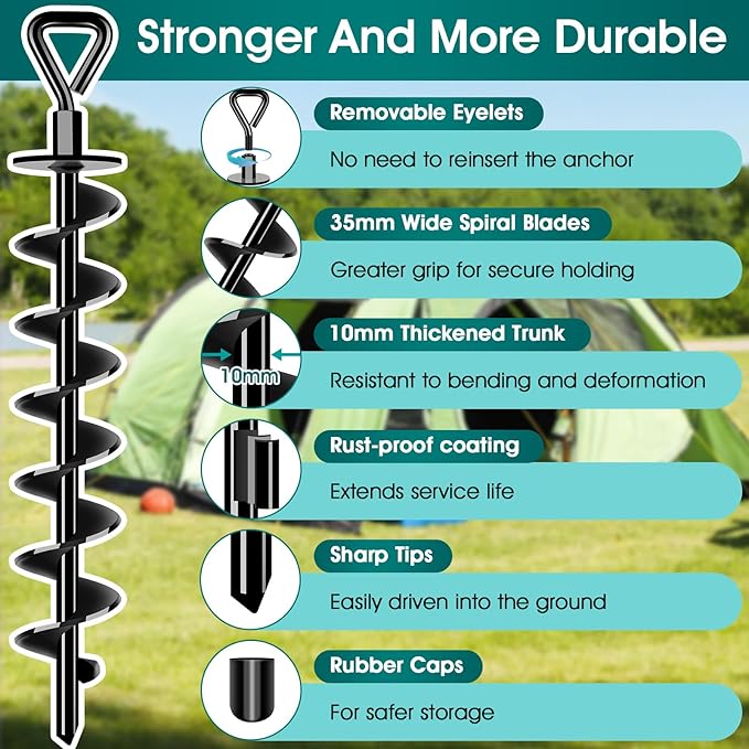 Ground Anchors Screw in, Heavy Duty Ground Trampoline Stakes High Wind Tent Stakes for Tent, Trampoline, Gazebo, Carport, Trap Anchor, Canopies, Swing Set