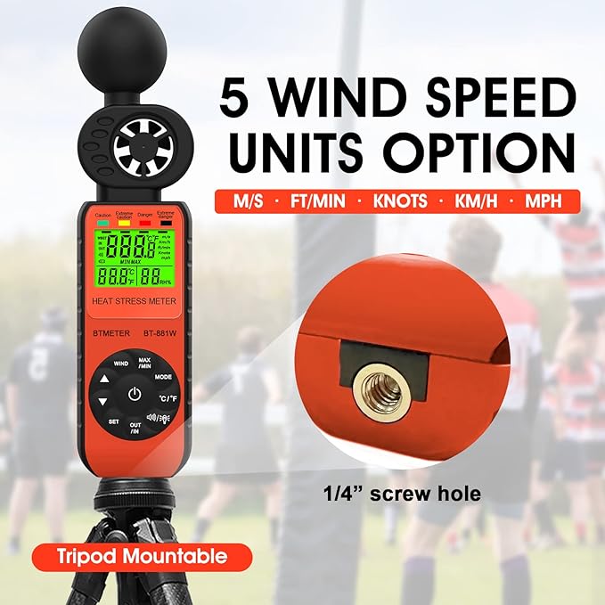 BTMETER Heat Stress Meter Anemometer - Digital Indoor/Outdoor WBGT (Wet Bulb Globe Temperature) Meter with Wind Speed, Ambient Temp, Humidity Tester BT-881W 2pcs