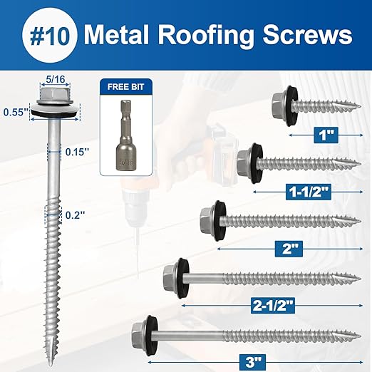 Metal Roofing Screws #10×3Inch, 320-PCS, Hex Head Rustpert Coating Sheet Metal to Wood Siding Screw with EPDM Rubber Washer, Sharp Point, Hex Socket Included