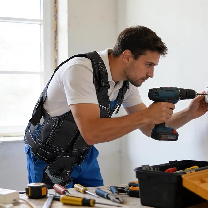 MELOTOUGH Tool Vest for Men with Pouches and Belt, Adjustable Multi-Pocket Safety Tool Vest for Electrician, Carpenter(Black)
