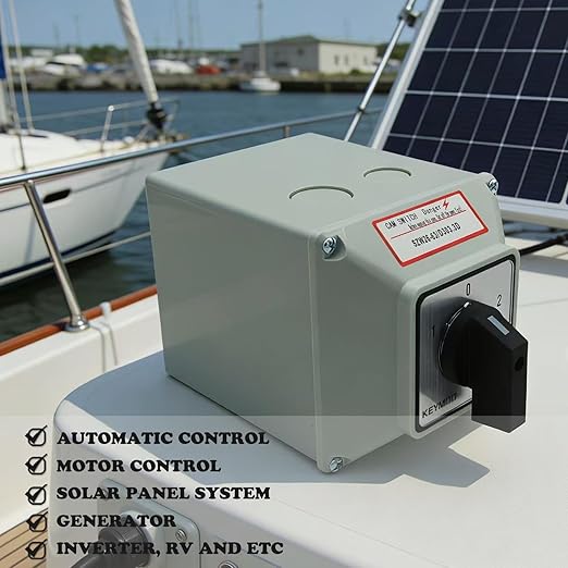 KEYMOO 63A Rotary Changeover Selector Switch with Exterior Box, 2-Way 3NO 3NC, 660V 3 Position 3 Phase 12 Terminals Universal Selector Switch for Solar and Grid Power Switching