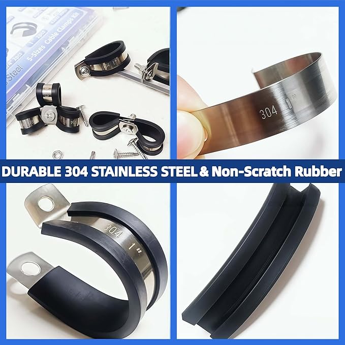 60 Pcs Cable Clamps Kit, 304 Stainless Steel Wire Clamps with Rubber Cushion for Pipe, Hose, Protection and Management in 5 Size (1/4", 3/8", 1/2", 3/4", 1")