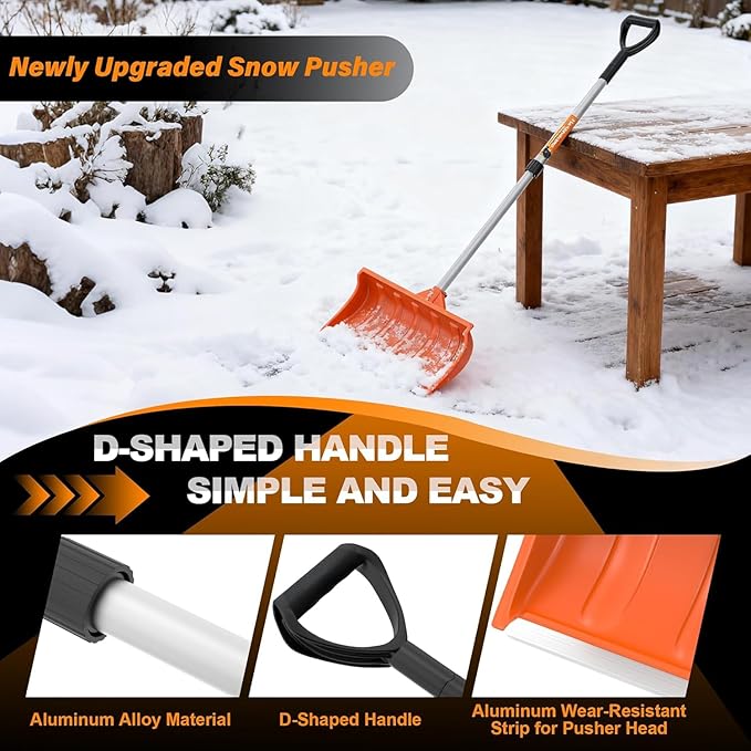 Snow Pusher, 24-inch Wide Snow Shovel for Driveway, Snow Removal Tool for Car Garage, Sidewalks and Doorways, Snow Pusher Shovel with Ergonomic Grip and Aluminum Strip, Orange