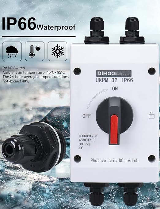 DIHOOL Solar Disconnect Switch,32 Amp DC1200V 4P Isolator,IP66 Outdoor,Cable Glands for 7-13 AWG Wire
