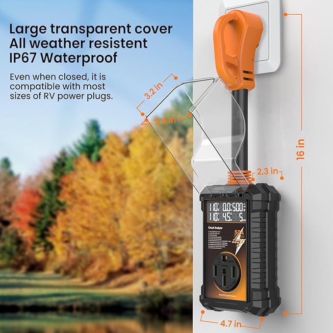 RV Surge Protector 50 Amp, 16000 Joules Surge Guard Protection with Waterproof Cover, Automatic Over/Under Voltage & Temperature Shutoff, 6 in 1 LED Display for Travel Trailers
