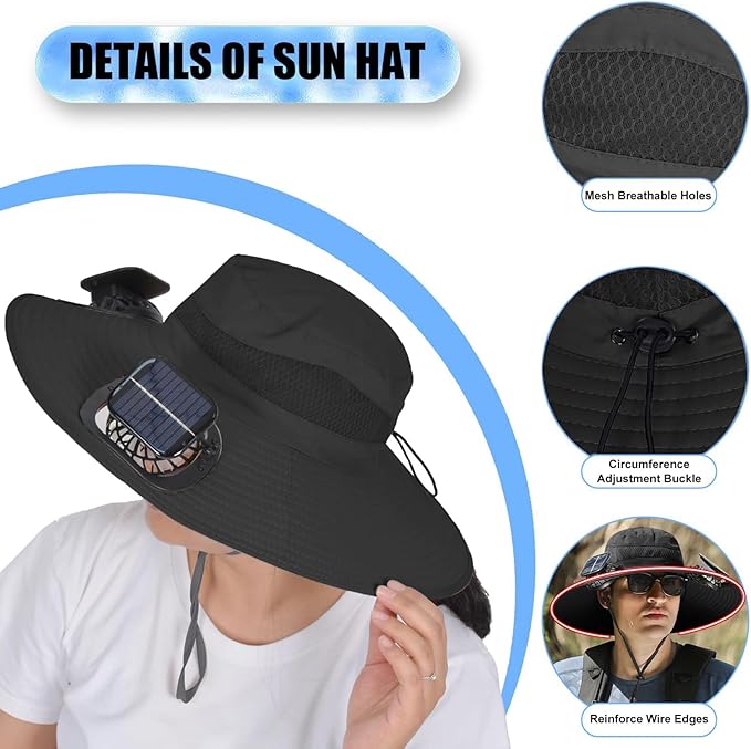 Solar Fan Sun Hat, Widen Brim Outdoor Fishing Men Hat with 2 Fans, Adjsutable 180°Rotating Cooling UPF 50+