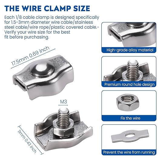 20PCS 1/8 Inches M3 304 Stainless Steel Wire Rope Cable Clip Clamp, Reusable Simplex Single Bolt Wire Rope Clips for 1/8Inch (1.5mm-3mm) Diameter Wire Cable/Wire Rope, Wire Clamp Tool for Outdoors
