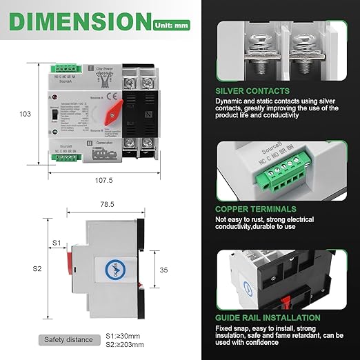 63Amp AC 220V Automatic/Manual Transfer Switch 2P 50/60Hz, 2POLE 63A Mini ATS Solar Auto Dual Power Switch for Home, Din Rail Mounted Cn Automatic Changeover Fast Transfe for Rv, Lv Power