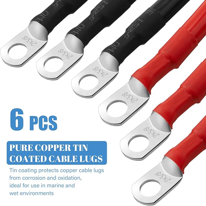 Hoteam 6 Pcs Battery Cable Copper Battery Inverter Cables with Terminals 3/8 Inch Lugs Red and Black Both Ends Power Inverter Wire for Solar Motorcycle Automotive RV Car Boat Marine(2awg,1ft)