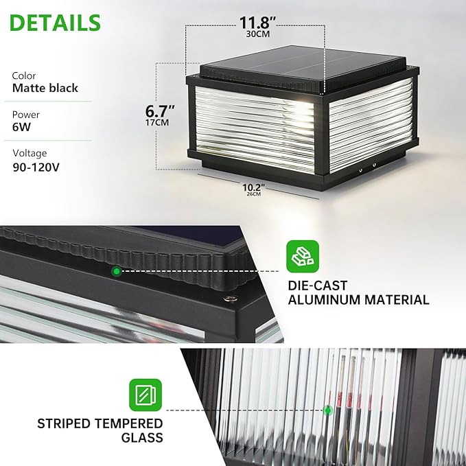 Outdoor Solar Column Lights Modern Tri Color Dimming Solar Post Cap Lights IP65 Waterproof Fence Deck Column Cap Light External Post Lights Aluminum Pillar Light Landscape Lighting Fixture