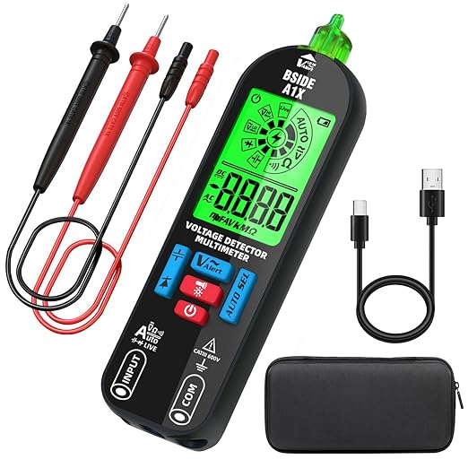 BSIDE Digital Multimeter Tester Rechargeable Electrical Voltmeter, Smart Mode with Red & Green Backlight, Measures Capacitance Diode Ohm Continuity V-Alert DC AC Voltage with Carrying Case