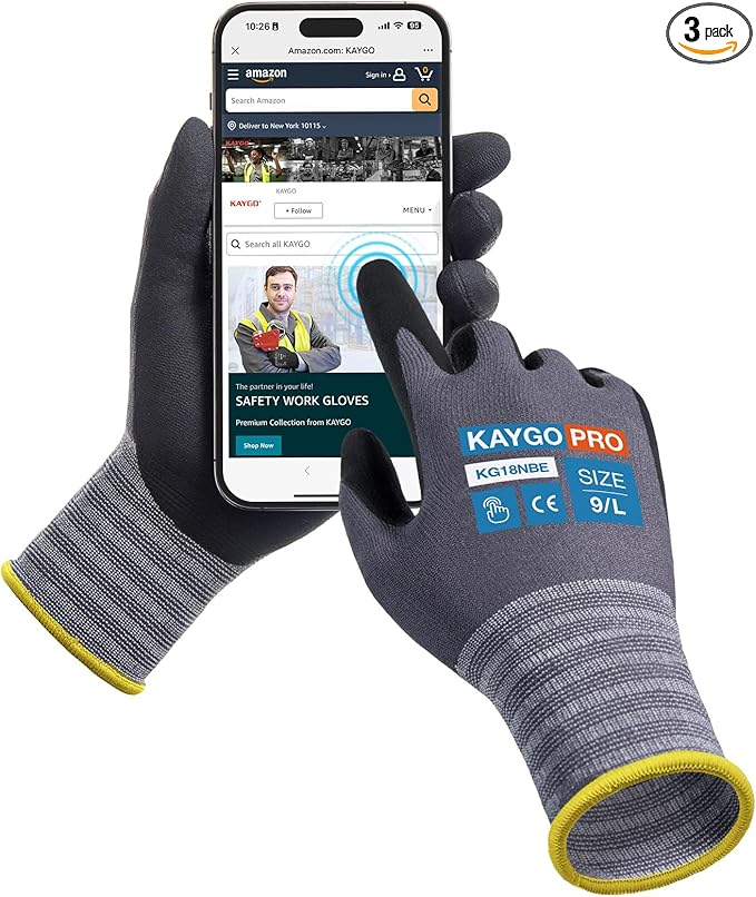 KAYGO Safety Work Gloves MicroFoam Nitrile Coated, 3 Pairs KG18NB,Seamless Knit Nylon Glove with full fingers Touchscreen, Ideal for Automotive,Warehouse,Construction (Gray, Large)
