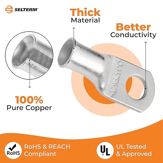 SELTERM 25pcs 4 AWG 5/16" Stud (Wide Pad) Marine Grade Tinned Copper Battery Cable Lugs,4 Guage Ring Terminals,UL Wire Lugs Electrical Battery Cable Ends,Tinned Copper Lugs Battery Terminal Connectors