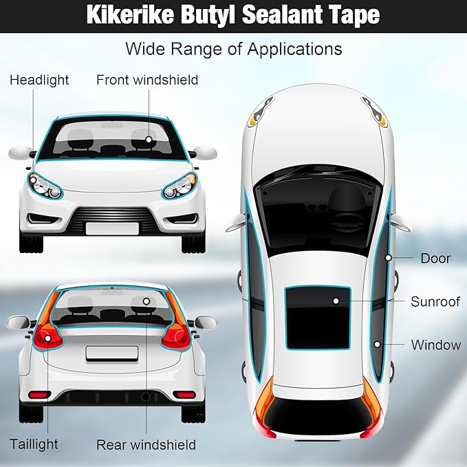 Butyl Rubber Tape Headlight Glue Sealant Rope 14.8Ft Diameter 9mm Putty Foam Strip Caulk Sealer for Automotive (Car RV Truck Marine) Window Door Windshield Sealing - Black, 2 Roll
