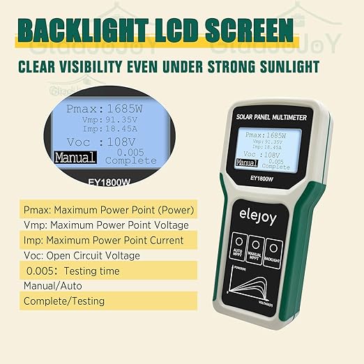 Upgrade 1800W Solar Panel Tester MPPT Photovoltaic Panel Multimeter, Smart MPPT Tools for Testing Solar PV Panel Open Circuit Voltage & Troubleshooting, LCD & Multiple Safety Protections