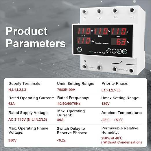 One-Click Setup Automatic Transfer Switch with Priority Phase L1＞L2＞L3, 4P 63A 110V 40/50/60/70Hz ATS Electrical Selector Switch Generator Changeover Switch V/A Protector Din Rail Mount