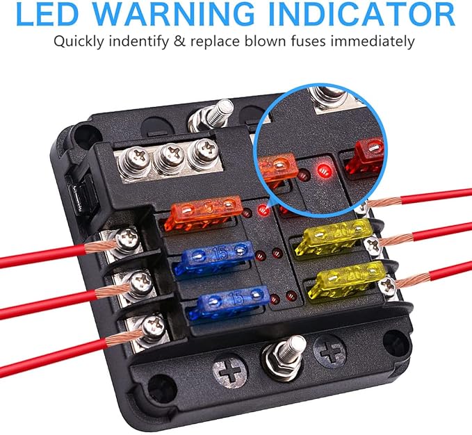 12V Fuse Box 6 Way 12 Volt Fuse Block ATO/ATC with LED Indicator Light Waterproof 24V for Marine Automotive Boat Car Truck