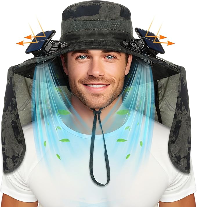 Chuarry Wide Brim Sun Hat with 2 Fan Outdoor Solar Powered USB Charging Fishing Hat with Neck Flap for Men Women