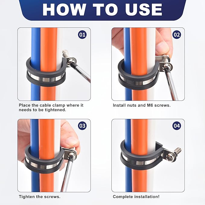 100PCS 1/4 Inch 304 Stainless Steel Rubber Coated Cable Clamps - Insulated Metal Pipe Clamp for Wire Cord Installation - Automotive and Marine Grade R-Clamps