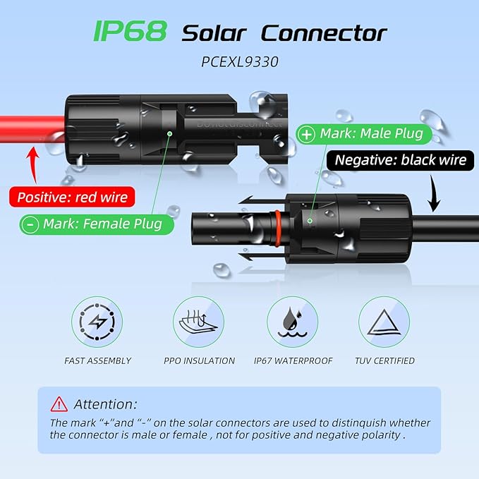 50FT 12AWG Solar Panel Extension Cable, Bateria Power 12 Gauge PV Wire with Female & Male Waterproof Connectors for RV, Photovoltaic Systems, Set of 2