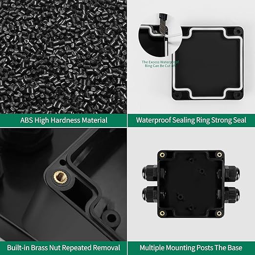 ABS IP67 Waterproof Dustproof Electrical Junction Box, with 15A 600V Barrier Terminal Cable Connector, 2 in/2 Out Power Junction Box（3.26 * 3.18 * 2.2in）