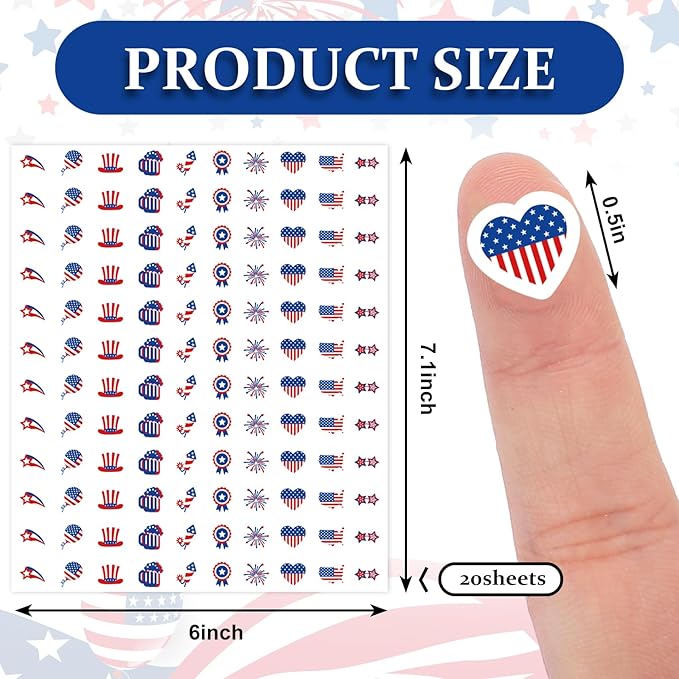 JarThenaAMCS 2400Pcs Patriotic Mini Sticker Star Heart American Flag Paper Decal 4th of July Adhesive Sticker for Independence Day Planner Reward Envelope Scrapbook DIY Supplies, 0.5 in