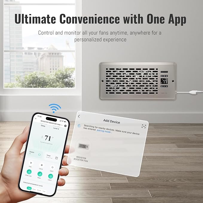 Register Booster Fan for 4" x 10" Register Holes, Quiet Vent Fan Booster with Intelligent Thermostat, Improves Heating Cooling, App Control, 10-Speeds, Manhattan Smart Register Vent, SN