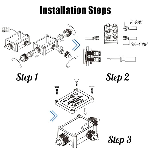 IP68 Waterproof Junction Box, 2 PCS 3 Way Outdoor Electrical Box with Terminal Block and Screwdriver, Plastic Cable Connector for Landscape Lighting and Garden Lights