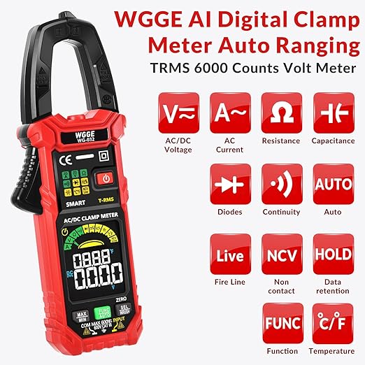 WGGE WG-032 Smart Digital Clamp Meter 6000 Counts T-RMS multimeter Auto-Ranging Voltmeter Amp Meter with AC/DC Current &Voltage NCV/Live Wire Inrush Resistance Diode, Built-in HD Color Screen