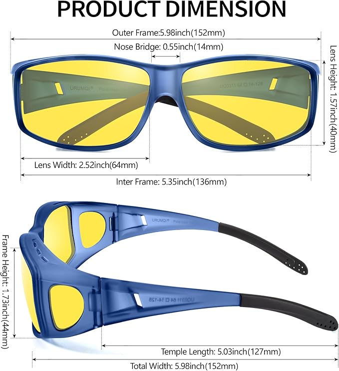 URUMQI Night Vision Driving Glasses Fit Over Eyeglasses for Men Women, Anti Glare Polarized Nighttime Glasses Yellow Lens