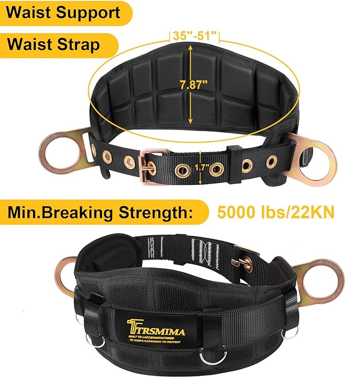 TRSMIMA Safety Harness Climbing Belt - Black Body Fall Protection Men Roof Tree Work Waist-Tongue Buckle Pad D-Ring