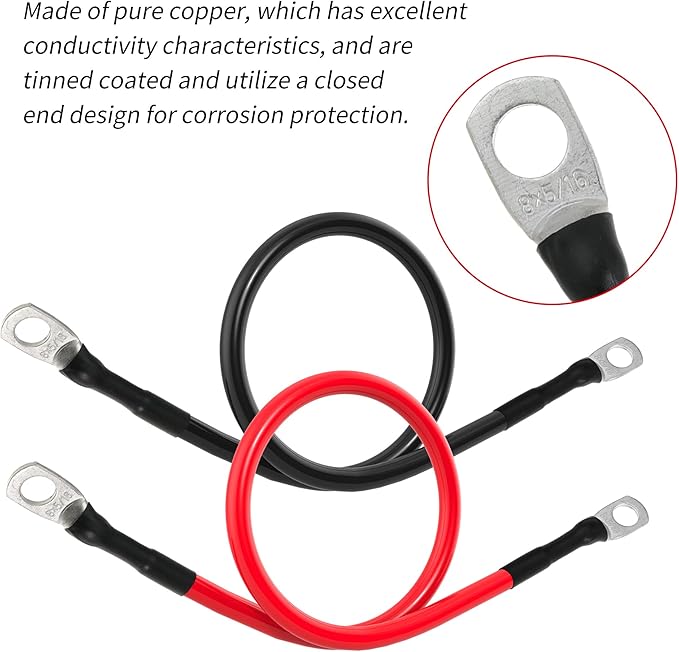 8 AWG Battery Cable 8 Gauge Power Inverter Cables with 5/16 Inch Lugs Both Ends for Solar Boat Marine RV Car 2 Pack (2FT)